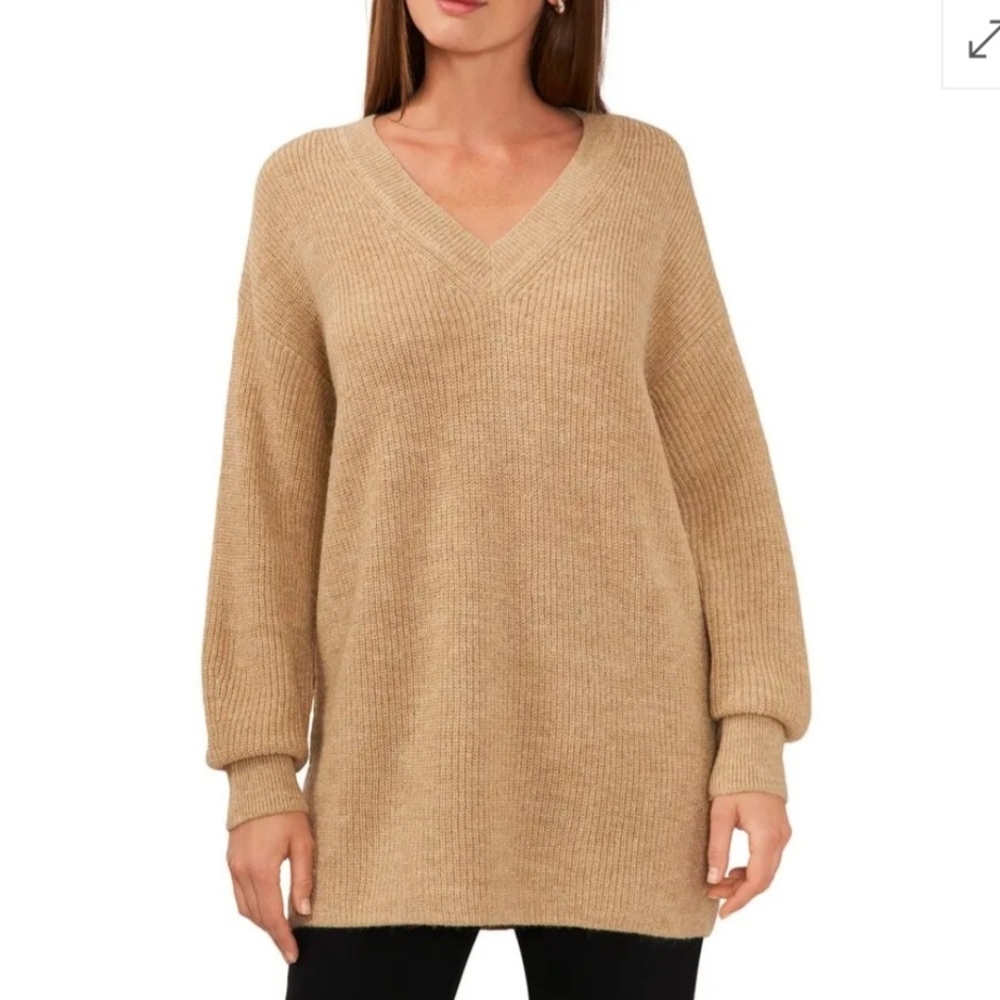 Halogen NWT Women's V-neck Tunic Sweater Extra Long Tan With Gold Shimmer  Sz L